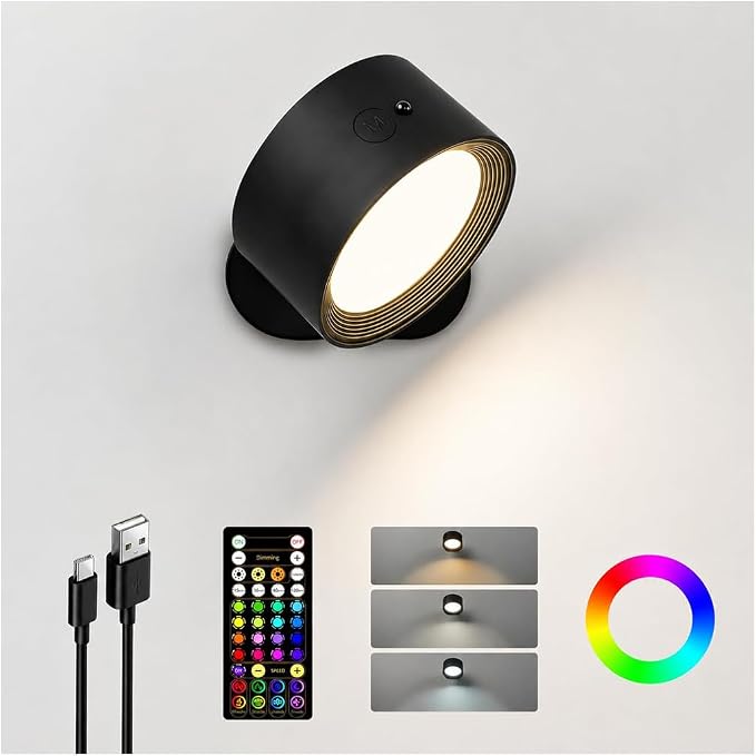 Rechargeable RGB Wall Sconces with Remote, Dimmable 360° Lights | 80 RGB Colors, 3 Color Temperatures, Remote and Touch Control, Ideal for Gaming Rooms and Bedrooms by AMETHEUS