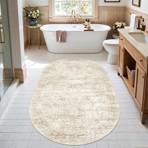 Soalmost Small Oval 3x5 Rug for Entryway Kitchen, Washable Area Rugs, Beige - Image 4