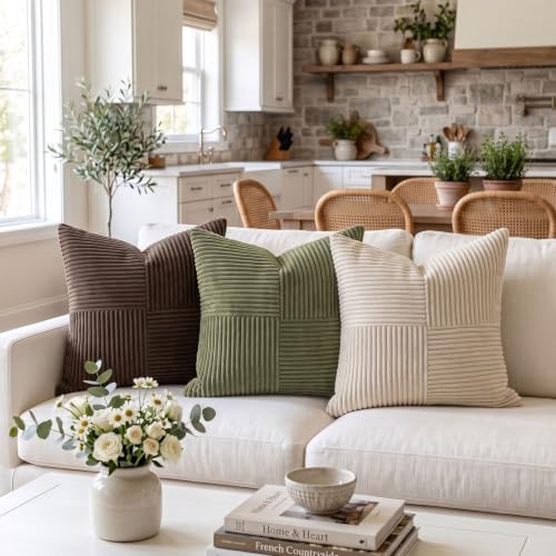 Fancy Homi 2 Packs Olive Green Decorative Throw Pillow Covers 20x20 Inch for Living Room Couch Bed Sofa, Rustic Farmhouse Boho Home Decor, Soft Corss Corduroy Patchwork Accent Cushion Case 50x50 cm - Image 2