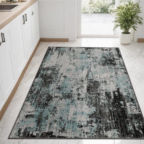 RELEANY Washable 3'x5' Abstract Area Rug for Living Room Teal Black - Image 3