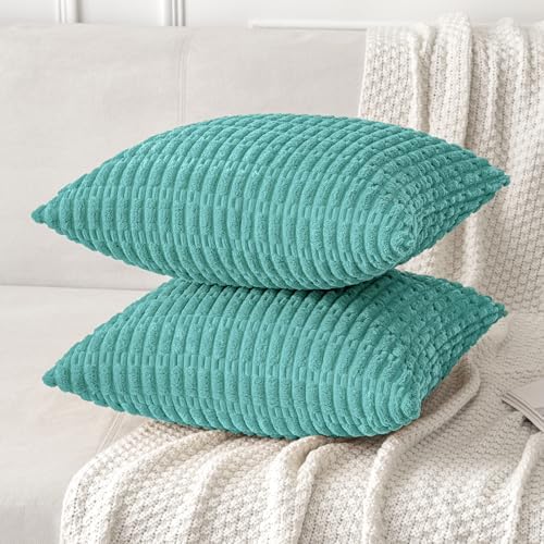 MIULEE Corduroy Decorative Throw Pillow Covers 18x18 Aqua Green Pack of 2 - Image 3