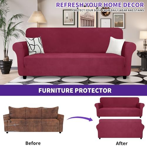 ZNSAYOTX Oversized Super Stretch Couch Cover (92"-115"), New Universal Sofa Covers Comfortable & Durable, Dog Cat Pets Friendly Extra Large Spandex Sofa Slipcovers (Wine Red, XL Sofa) - Image 3