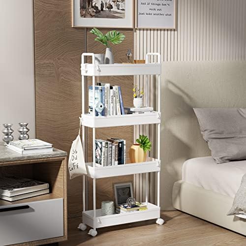 SOLEJAZZ Slim Rolling Storage Cart Skinny Bathroom Organizer, 4 Tier, White - Image 6