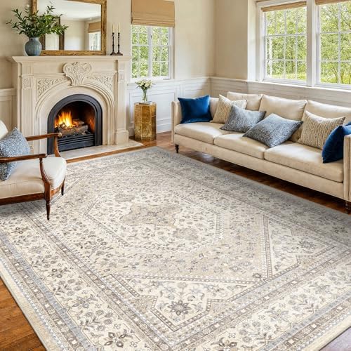 7x9 Washable Area Rug for Living Room - Non-Slip Vintage Rugs Beige Gray - Image 2