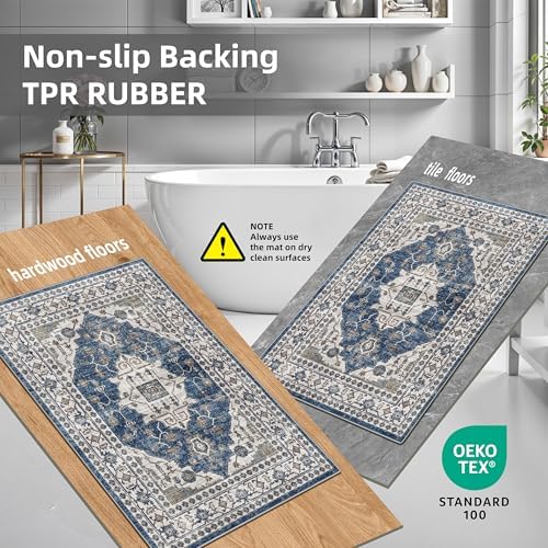 3 Pieces Kitchen Rug Sets: Farmhouse Washable Non-Slip Floor Mat for Sink Stove & Fridge Area Water Resistant Carpet for Laudry Room Entryway Soft Cozy Runners for Kids Pets Family(2x3+2x4+2x5,Blue) - Image 5