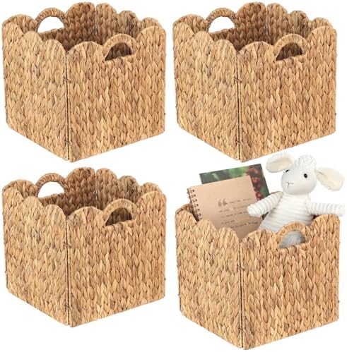 Set of 4 Foldable Scalloped Water Hyacinth Storage Cubes Basket, Storage Cube Bins -12"x12"x12", Collapsible Cube Organizers, Water Hyacinth Woven Bins for Bathroom, Bedroom, Laundry, Pantry, Shelves by SIEUSALEVN