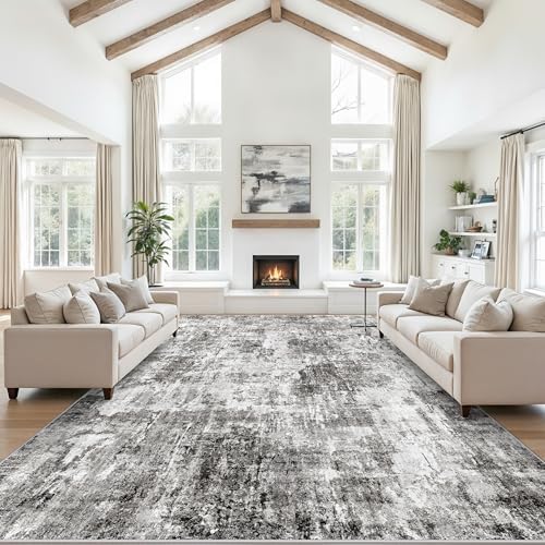 12x15 Area Rug for Living Room – Large Modern Neutral Abstract Thin Washable Carpet, Soft Low Pile Non-Slip Stain-Resistant for Bedroom Dining Room Home Office (Grey) by ZHXXUJ