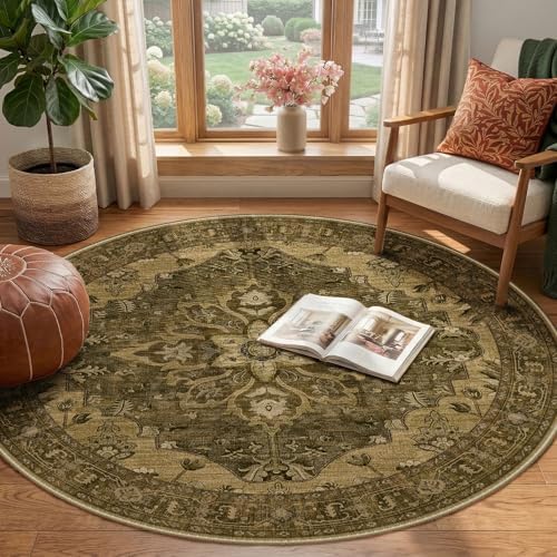 RELEANY Washable Area Rug, Round 4ft, Brown/Dark Brown - Image 2