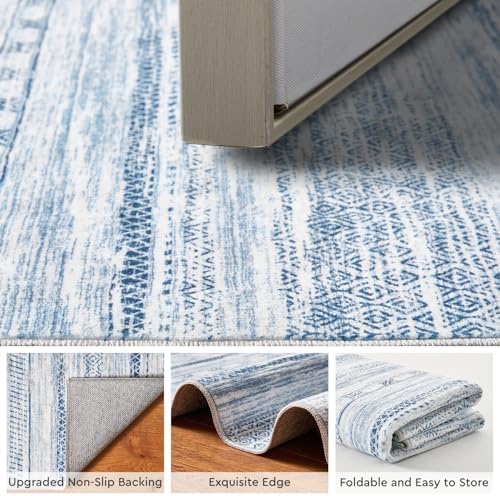 Small Area Rug-2x3 Entryway Rug Non Slip Washable Low Pile Indoor Door Mat Neutral Distressed Boho Moroccan Entrance Rugs Carpet for Bedroom Kitchen Powder Room Front Porch Bathroom, Blue - Image 3