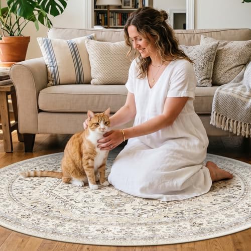 Puino 5Ft Round Rug Washable: Non-Slip Living Room Circle Throw Rugs by Puino