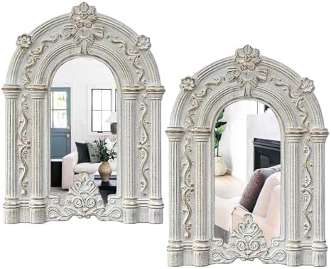 2 Set Wood Carved Window Mirrors 3D Relief Arched Wall Decor Roman Column Antique Home Accent Small Decorative Mirrors for Living Room, Bathroom, Entryway by Cityelf
