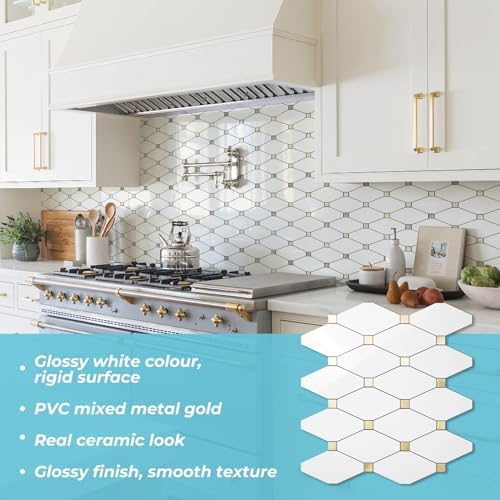 STICKGOO 1 Sheet Peel and Stick Backsplash, Glossy White PVC Mixed Metal Gold Kitchen Backsplash, Stick on Wall Tiles for Kitchen, Bathroom, RV - Image 2