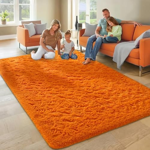 Ophanie Orange Rugs for Living Room Bedroom, 5x8 Fluffy Fuzzy Furry Carpet, Plush Soft Shaggy Bedside Indoor Floor Area Rug for Kids Nursery Home Decor with Over 999 pcs Non-Slip Backing Pattern - Image 3