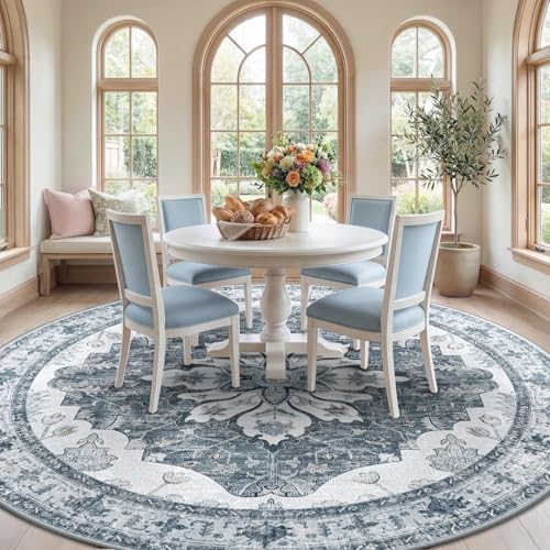 RELEANY Washable Area Rug, Round 8ft, Grey/White/Beige - Image 2