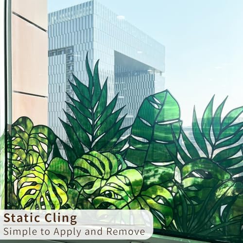 Original Hand Drawn Window Cling Film Stained Glass Border with Tools, Double Sided Transparent Window Film Haning Plants for Glass Window, Front Door, Monstera and Palm 16.93"X54.33" - Image 4