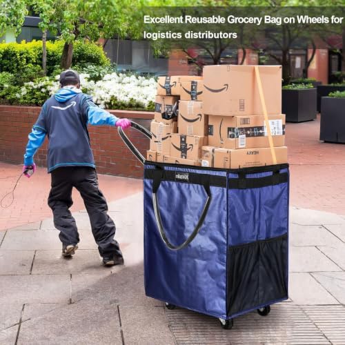(Medium, Navy) Reusable Grocery Bag on Wheels, 70L Foldable Rolling Tote, Extra Storage for Shopping, Zipper Clouser Shopping Carts for Groceries, Laundry, Organization, Moving,4 Heavy Duty Wheels - Image 5