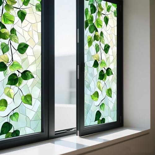 IVN Privacy Window Film Stained Glass Window Cling Green Leaf Design - Image 7
