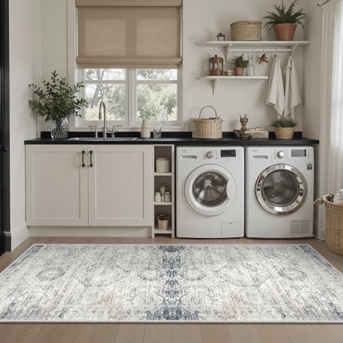 Soalmost Runner Rug 2x5 Washable Non-Slip Kitchen Entry Runners Blue/Ivory - Image 4
