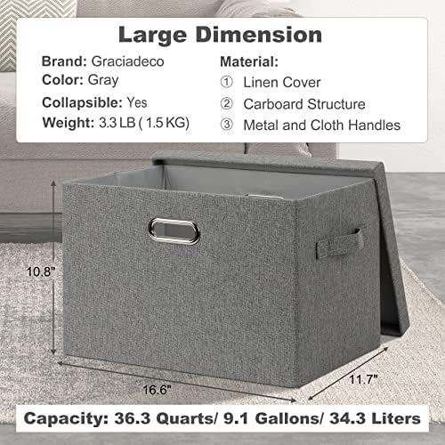 Graciadeco Large 17" 36 Quart Collapsible Stackable Storage Bins with Lids, 1 Pack Grey Foldable Fabric Closet Storage Boxes with Lids, 4 Handles Heavy-duty Linen Cube Baskets for Bedroom - Image 2