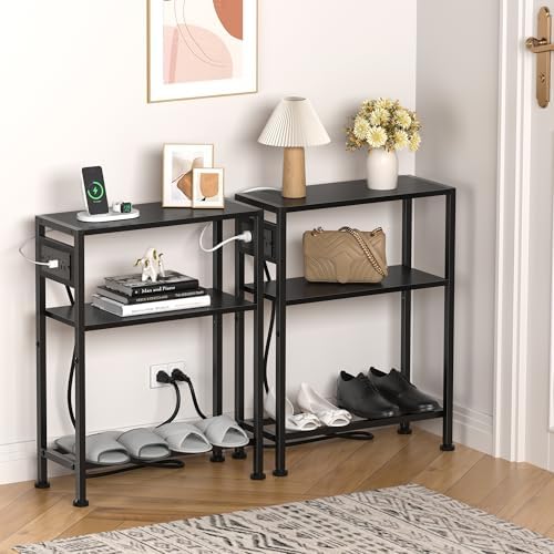 Small Narrow Side Table with Charging Station, Skinny End Table for Small Spaces, Slim Nightstand with Outlets, Sofa Bedside Table in Living Room, Bedroom, Study, Kitchen and Balcony(Black) - Image 4