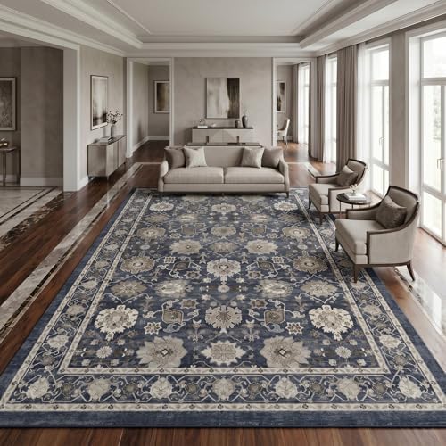 AMADA HOMEFURNISHING 9x12 Area Rug for Living Room, Vintage Washable Area Rug Low-Pile & Non-Slip Carpet for Bedroom Dining Room Nursery Home Office, Navy Blue/Brown by AMADAHOMEFURNISHING
