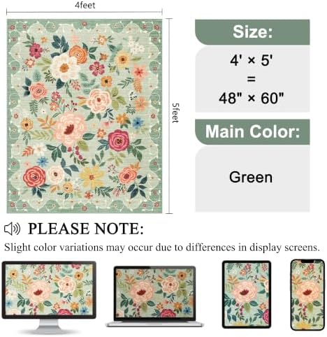DUKINO 4x5 Area Rug for Entryway, Soft Floral Washable Rug Non Slip, Green - Image 2