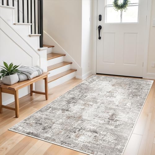 3x6 Washable Non-Slip Kitchen Runner Rug with Rubber Backing Modern Abstract Stain Resistant Floor Carpet Runner for Hallway, Entryway, Bedroom, Living Room - Beige/Grey/Brown by ZHXXUJ