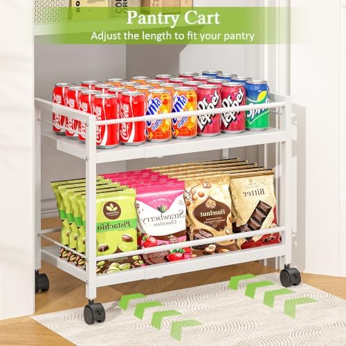 1 Pack 2-Tier Expandable Pantry Floor Organizer Cart, Rolling Pantry Storage Cart with Wheel, Adjustable Can Organizer for Kitchen Pantry, Pantry Shelves and Storage Rack for Snacks, Vegetables, White - Image 3