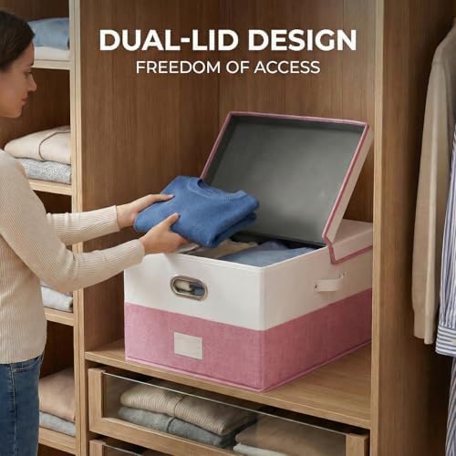 PRANDOM Storage Bins with Lids [3-Pack] Linen Fabric Foldable Storage Boxes Organizer Containers Baskets Cube with Cover for Bedroom Closet Office White&Pink (23.4X15.9X11.4) - Image 4