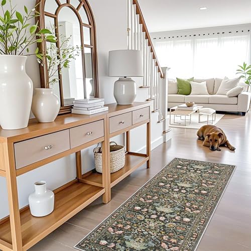 Hallway 2x5 Washable Runner Rug: Oriental Floral Stain Resistant Rug for Entryway Kitchen Farmhouse Soft Carpet for Bathroom Bedroom Thin Laudry Living Room Floor Mat with Non Slip Backing(2x5,Green) - Image 6
