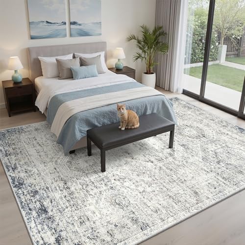 Soalmost 7x9 Area Rug for Living Room Washable Rugs Non-Slip Blue/Ivory - Image 4