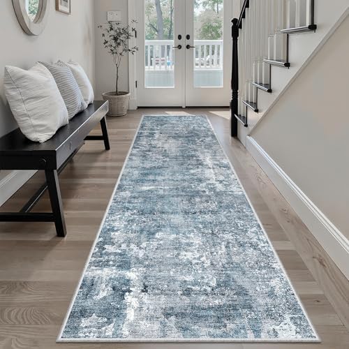 Soalmost Abstract Runner Rug 2x8 Washable Hallway Kitchen Runners Blue/Grey - Image 3