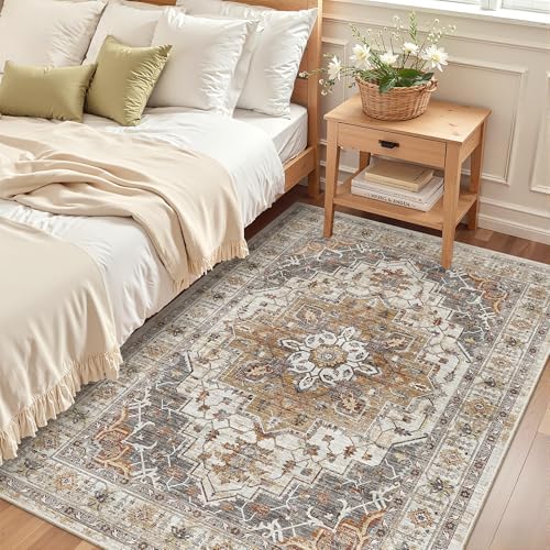 Madane Area Rug 4x6 Washable Rugs Vintage for Living Room, Turmeric/Grey - Image 4
