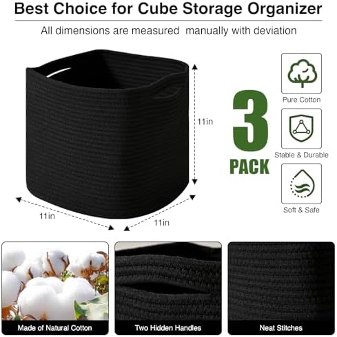 ICERZCZ 11 Inch Cube Storage Bins, Storage Cube Organizer Bins, Woven Cotton Rope Basket for Storage, Storage Baskets for Organizing Shelves, Square Baskets for Toys, Black (Pack of 3) - Image 2