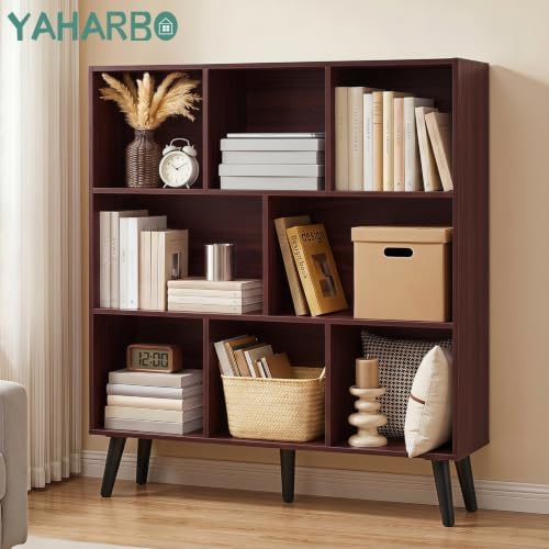 YAHARBO 8 Cube Walnut Bookshelf,5 Tier Book Shelf with Legs,Modern Minimalist Bookcase,Open Book Shelves Storage Organizer,Frees Standing Wooden Display Bookcases for Small Space,Bedroom,Living Room - Image 3