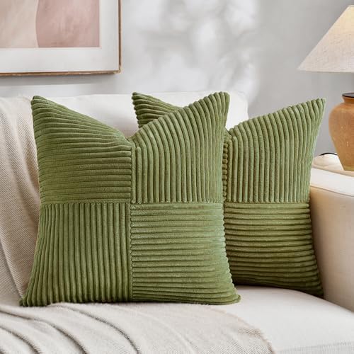 Fancy Homi 2 Packs Moss Green Decorative Throw Pillow Covers 16x16 Inch for Living Room Couch Bed, Rustic Farmhouse Boho Home Decor, Soft Corss Patchwork Corduroy Textured Square Cushion Case 40x40 cm by Fancy+Homi