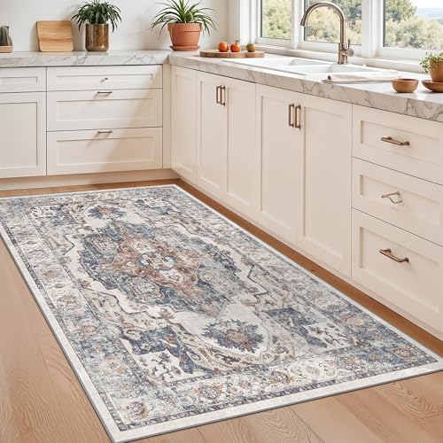 Washable 3x5 Kitchen Area Rugs: Cozy Soft Beside Low Pile Carpet for Living Room Bedroom Indoor Light-weight Doormat Anti-Slip Thin Low-Pile Rug for Entryway Nursery Small Vintage Floor Mat(3x5,Brick) - Image 4