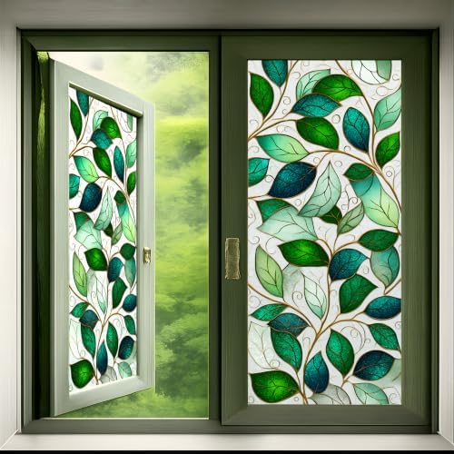 Green Leaves Stained Glass Window Film, Frosted Decorative Privacy Film, No Glue Static Cling Removable Glass Film for Kitchen Bathroom Living Room Renters 17.5 x 39.4 Inch by KKYEJLQYI