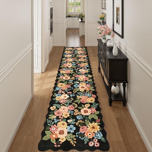 DUKINO 2.6x12 Washable Runner Rug, Floral Non Slip Long Kitchen Rug, Black - Image 3