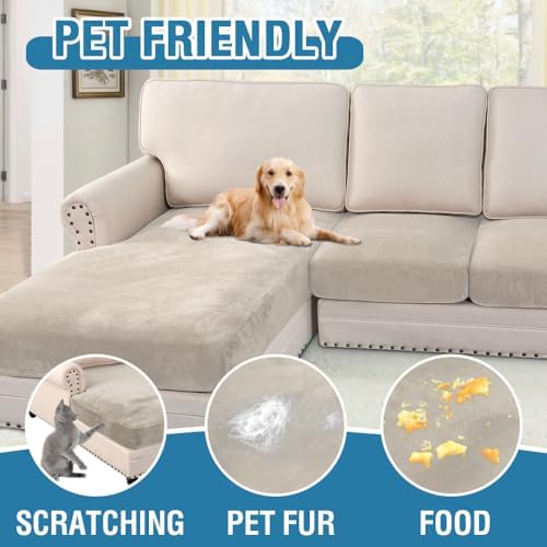 H.VERSAILTEX Velvet Stretch Sectional Couch Covers 4 Pieces Sofa Seat Cushion Covers L Shape Separate Couch Cover for Both Left/Right Sectional Couch (Large Sofa 3 Seater + 1 Chaise, French Oak) - Image 4
