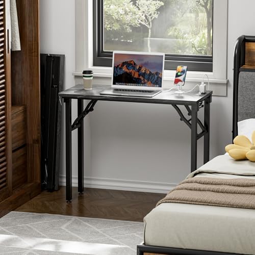 TEMI Small Computer Desk Folding Table - No Assembly, Compact 35.8" Foldable Desk with Power Outlets & USB Charging Port, Portable Small Office Desk, Ideal Mini Study Table, Marble Greige - Image 2