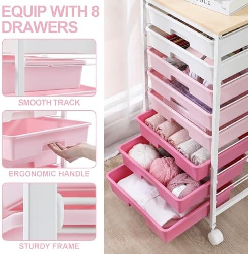 SYKIARIOL Rolling Cart with Drawers,Utility Cart with 8 Drawers,Rose Pink - Image 3