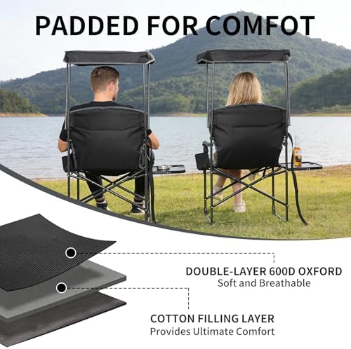 Oversized Camping Chairs with Canopy Foldable Directors Chair with Side Table & Pockets Portable Adults Heavy Duty Outdoor Folding Chairs for Lawn, Beach, Picnic, Sports and Fishing, Supports 500lbs - Image 5