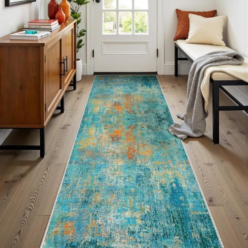 RELEANY Washable Runner 2'x8' Abstract Area Rug for Hallway Teal Multi - Image 2