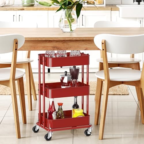 Simple Houseware 3-Tier Utility Cart, Low 24" Height Fits Under Desk, Red - Image 6