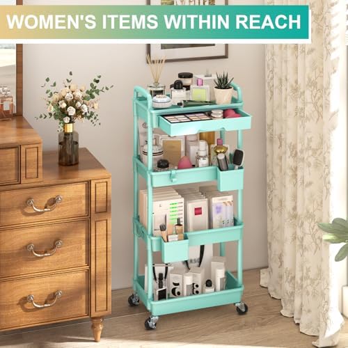 Goovilla 4 Tier Rolling Utility Cart Organizer with Removable Drawer, Blue - Image 5