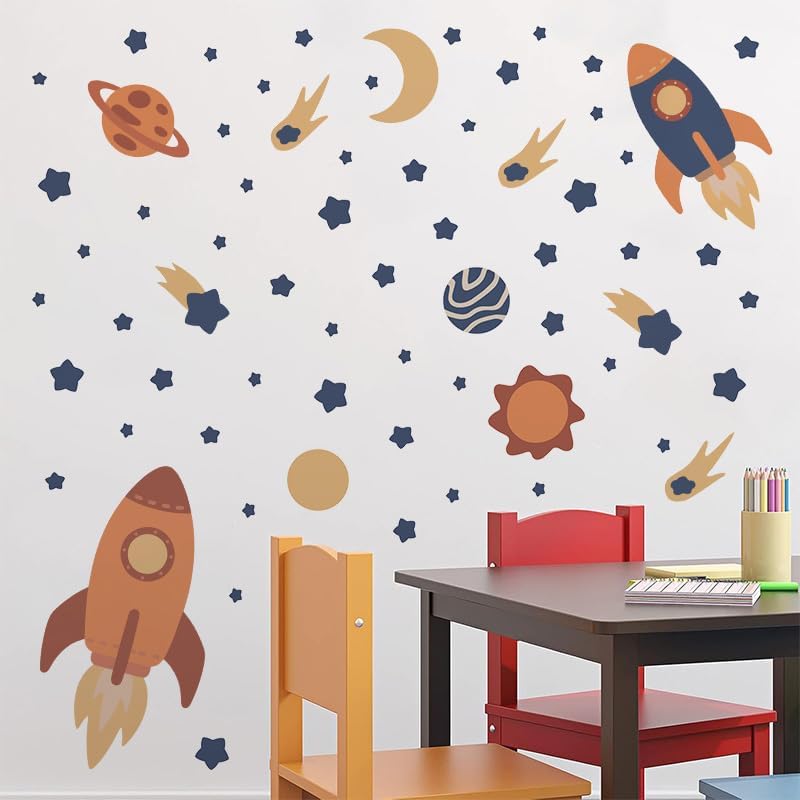 Outer Space Wall Decals, Peel and Stick Rockets Stars Planet Wall Stickers, Space Themed Wall Decor for Baby Nursery Kids Bedroom Boys Playroom Decoration - Image 6