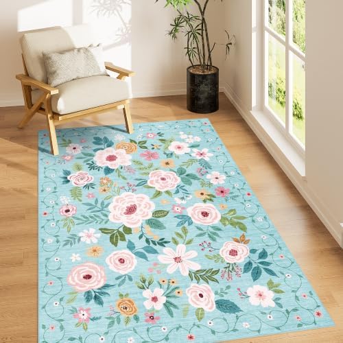 DUKINO 4x6 Area Rug, Floral Washable Rug Non Slip Office Chair Mat, Teal by DUKINO