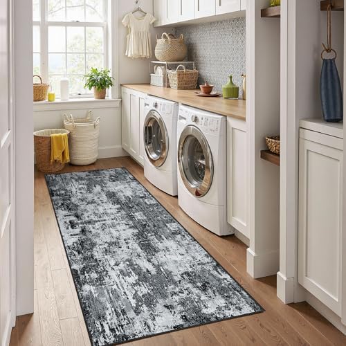 RELEANY Washable Runner 2'x6' Abstract Area Rug for Hallway Black White by RELEANY