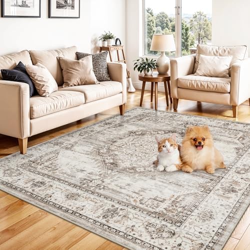 5x5 Area Rug Washable Living Room Rugs: 5ft Square Ultra Thin Soft Oriental Area Rugs Non-Slip Backing Farmhouse Rug Low Pile Thin Stain Resistant Indoor Carpets, 5' x 5' Beige by YOUFORTONG